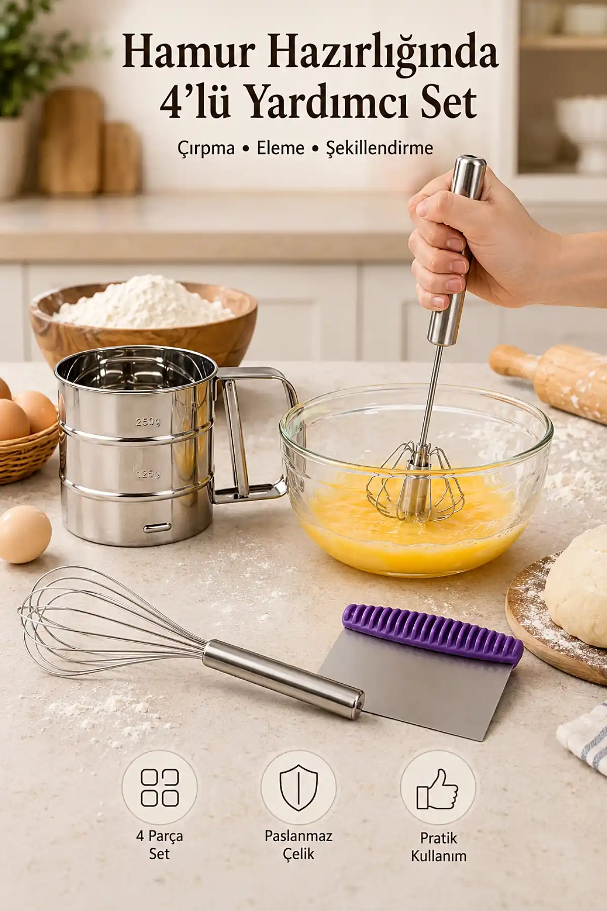 4 Parça Çelik Mutfak Seti Un Eleği Basmalı Çırpıcı Tel Çırpıcı Hamur Kesme Spatulası Mutfak Seti