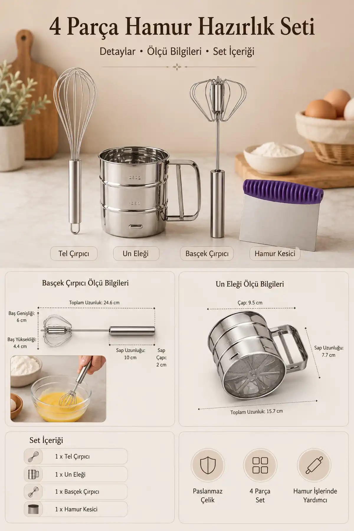 4 Parça Çelik Mutfak Seti Un Eleği Basmalı Çırpıcı Tel Çırpıcı Hamur Kesme Spatulası Mutfak Seti