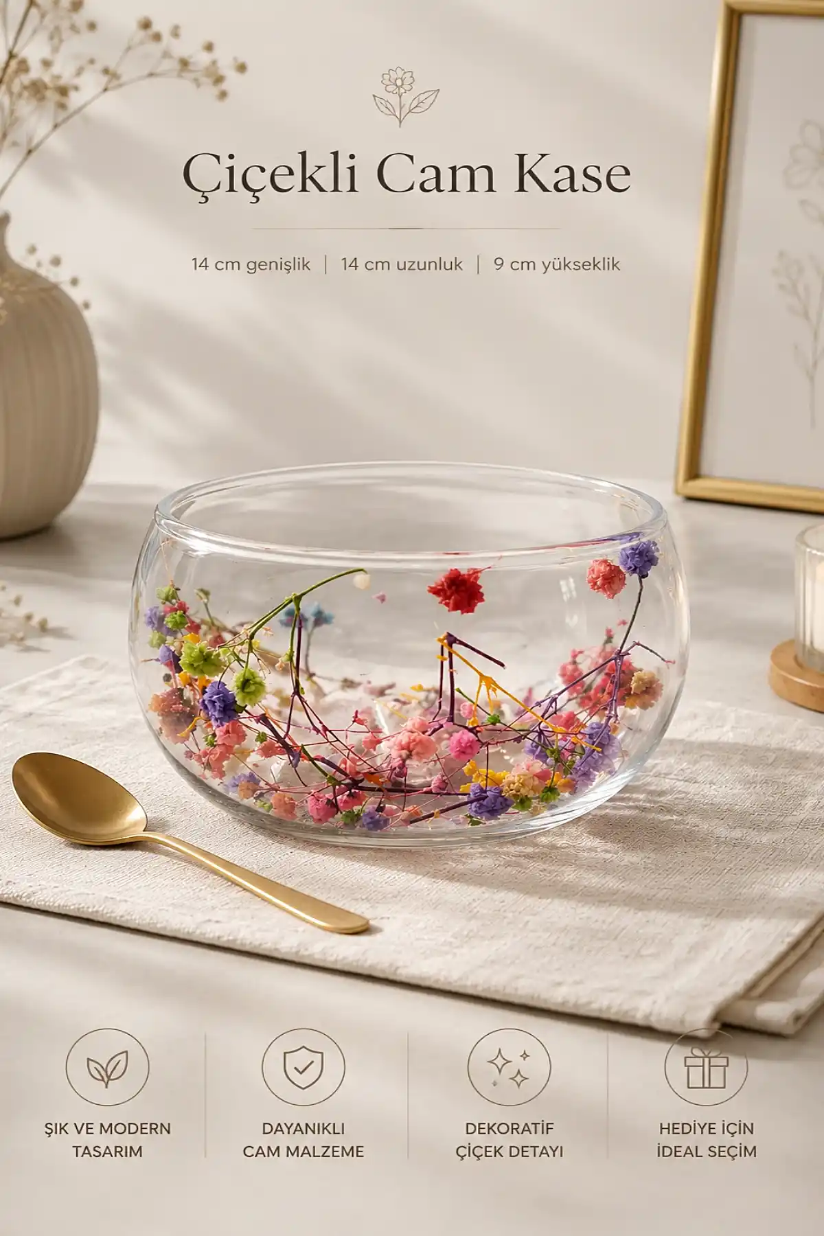 Çiçekli Çift Cidarlı Cam Kase 14x14x9 cm İç Dekor Detaylı Sunum Kasesi Tatlı Çerez Salata Kasesi