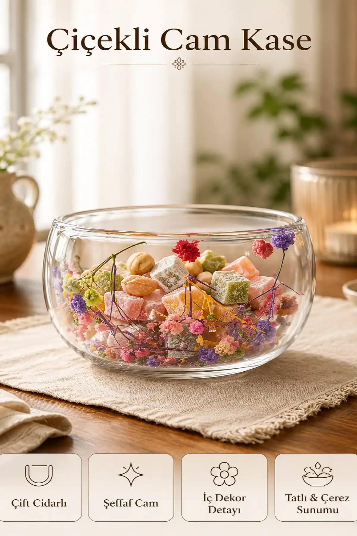 Çiçekli Çift Cidarlı Cam Kase 14x14x9 cm İç Dekor Detaylı Sunum Kasesi Tatlı Çerez Salata Kasesi