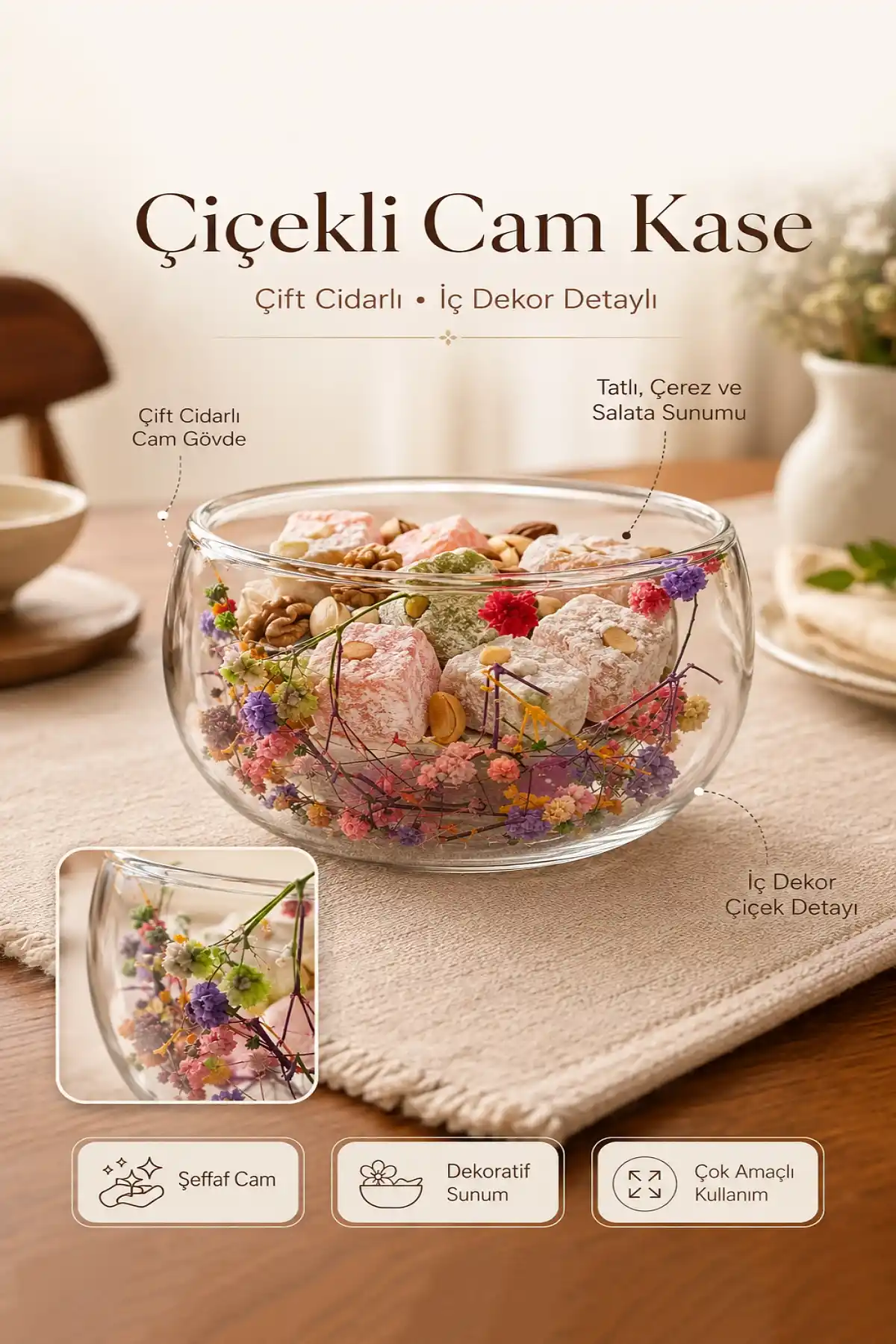 Çiçekli Çift Cidarlı Cam Kase 14x14x9 cm İç Dekor Detaylı Sunum Kasesi Tatlı Çerez Salata Kasesi