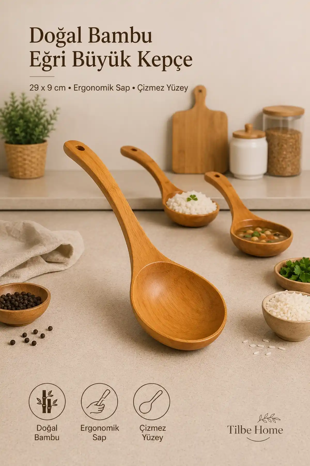 Doğal Bambu Eğri Büyük Kepçe 29x9 cm Ergonomik Saplı Tencere Dostu Ahşap Servis Kaşığı Mutfak Kaşık