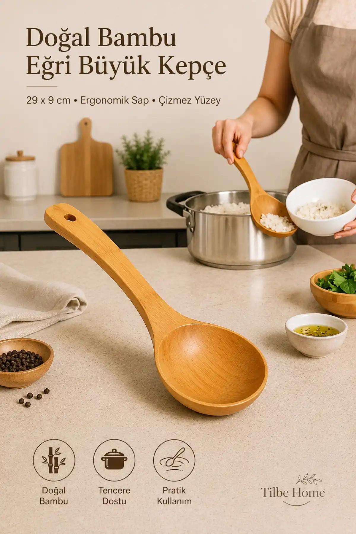 Doğal Bambu Eğri Büyük Kepçe 29x9 cm Ergonomik Saplı Tencere Dostu Ahşap Servis Kaşığı Mutfak Kaşık