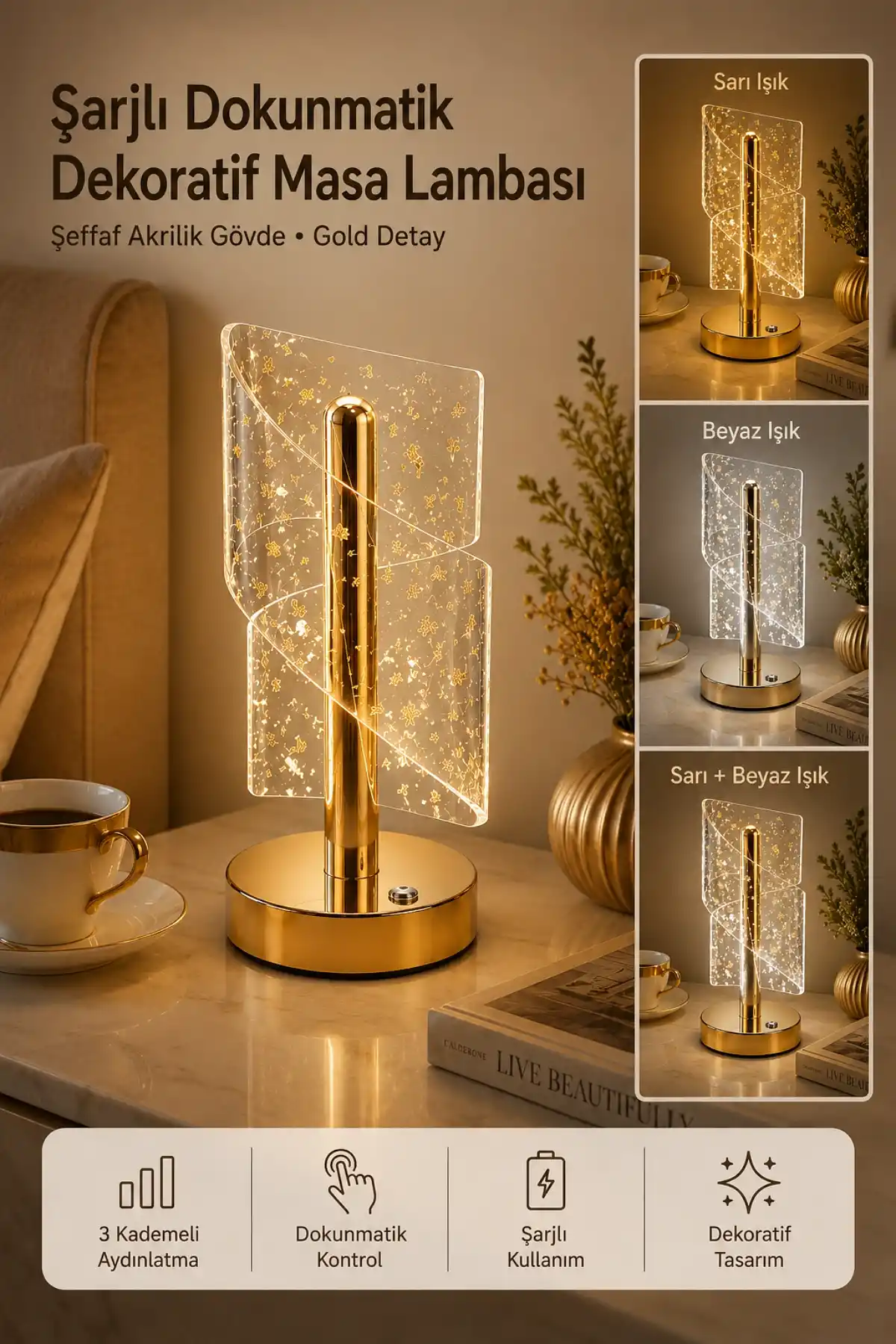 Gold Spiral Efektli Şarjlı LED Masa Lambası Akrilik Kristal Görünümlü Dekoratif Gece Lambası