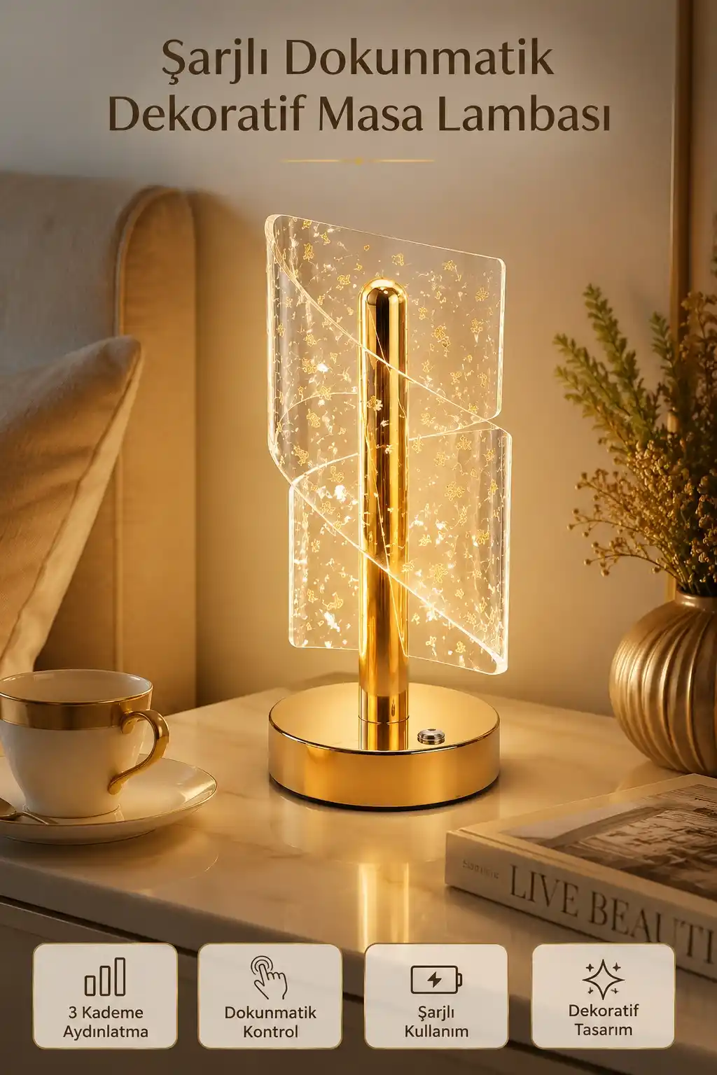 Gold Spiral Efektli Şarjlı LED Masa Lambası Akrilik Kristal Görünümlü Dekoratif Gece Lambası