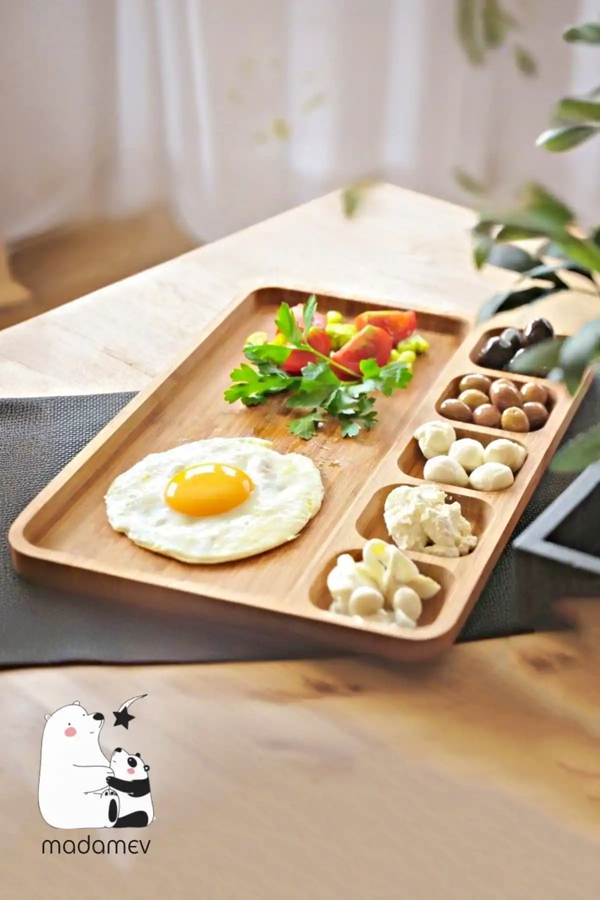Gourmet 6 Bölmeli Bambu Kahvaltı Tabağı Peynir Servis Tahtası Sunum Tepsi Suya Dayanır Ahşap Tabak