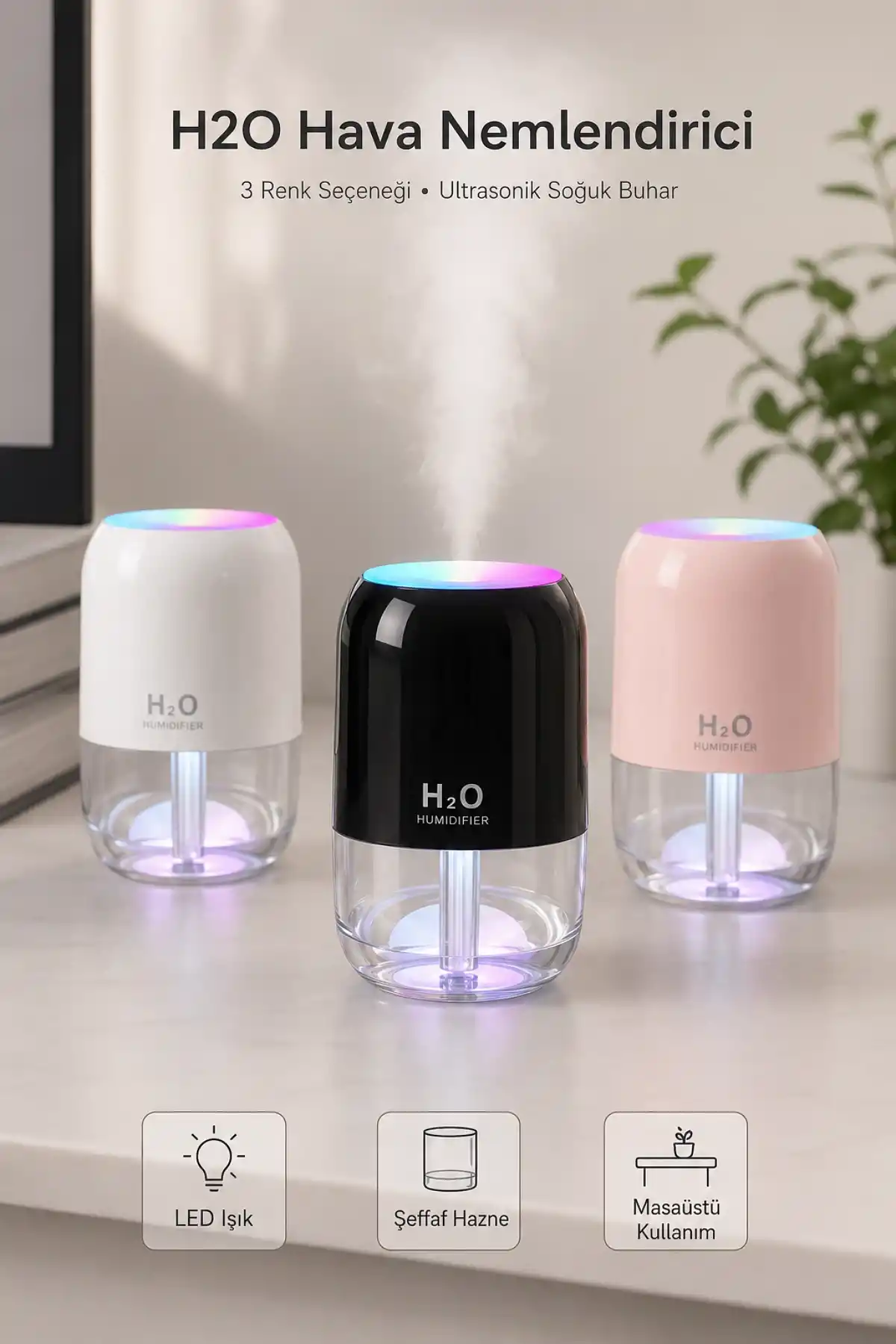 H2O Model Şeffaf Hazneli Ultrasonik Hava Nemlendirici 200 ml LED Işıklı USB Masaüstü Buhar Makinesi
