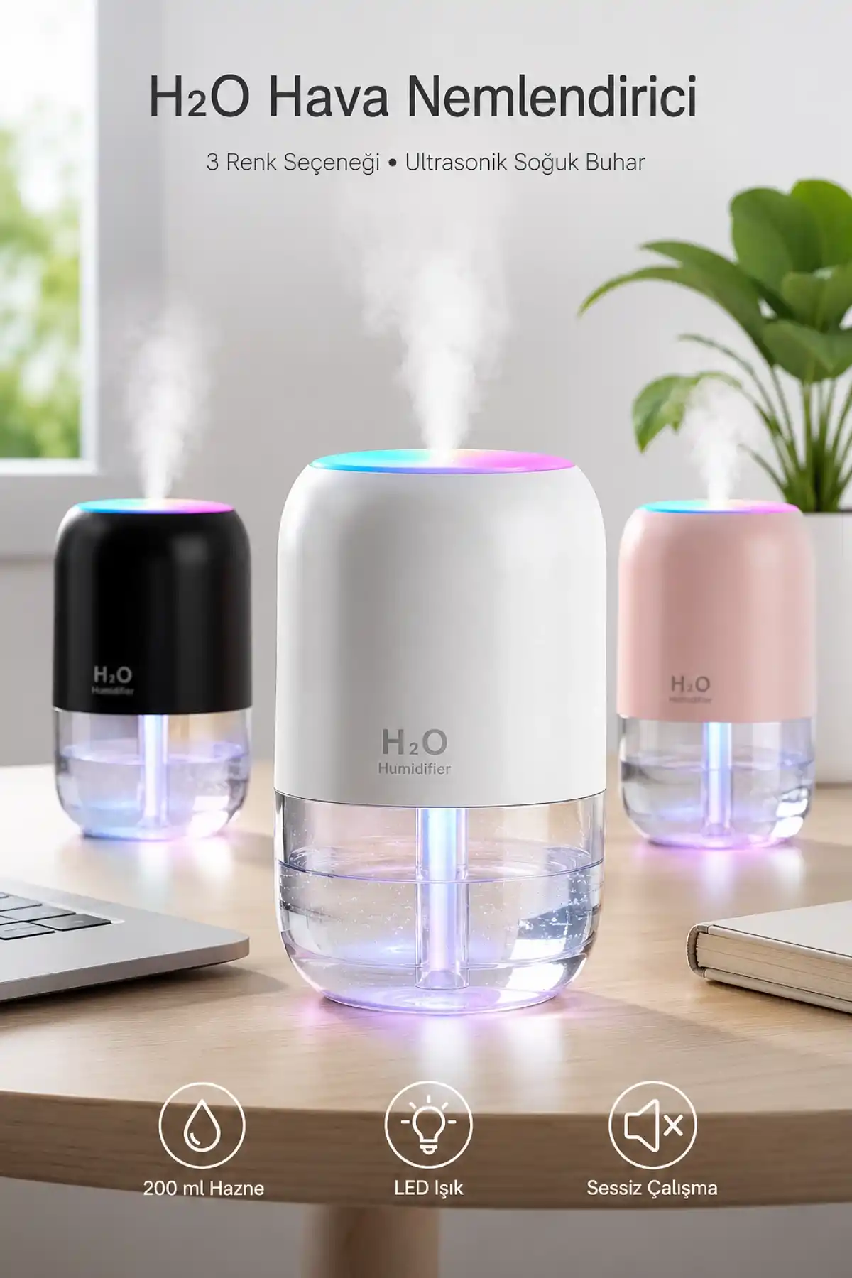 H2O Model Şeffaf Hazneli Ultrasonik Hava Nemlendirici 200 ml LED Işıklı USB Masaüstü Buhar Makinesi