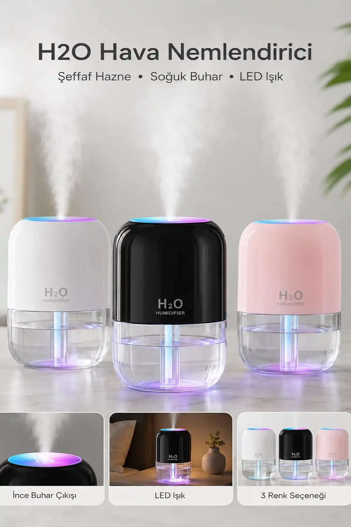 H2O Model Şeffaf Hazneli Ultrasonik Hava Nemlendirici 200 ml LED Işıklı USB Masaüstü Buhar Makinesi