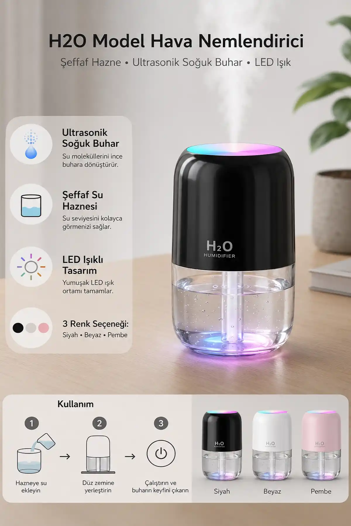 H2O Model Şeffaf Hazneli Ultrasonik Hava Nemlendirici 200 ml LED Işıklı USB Masaüstü Buhar Makinesi
