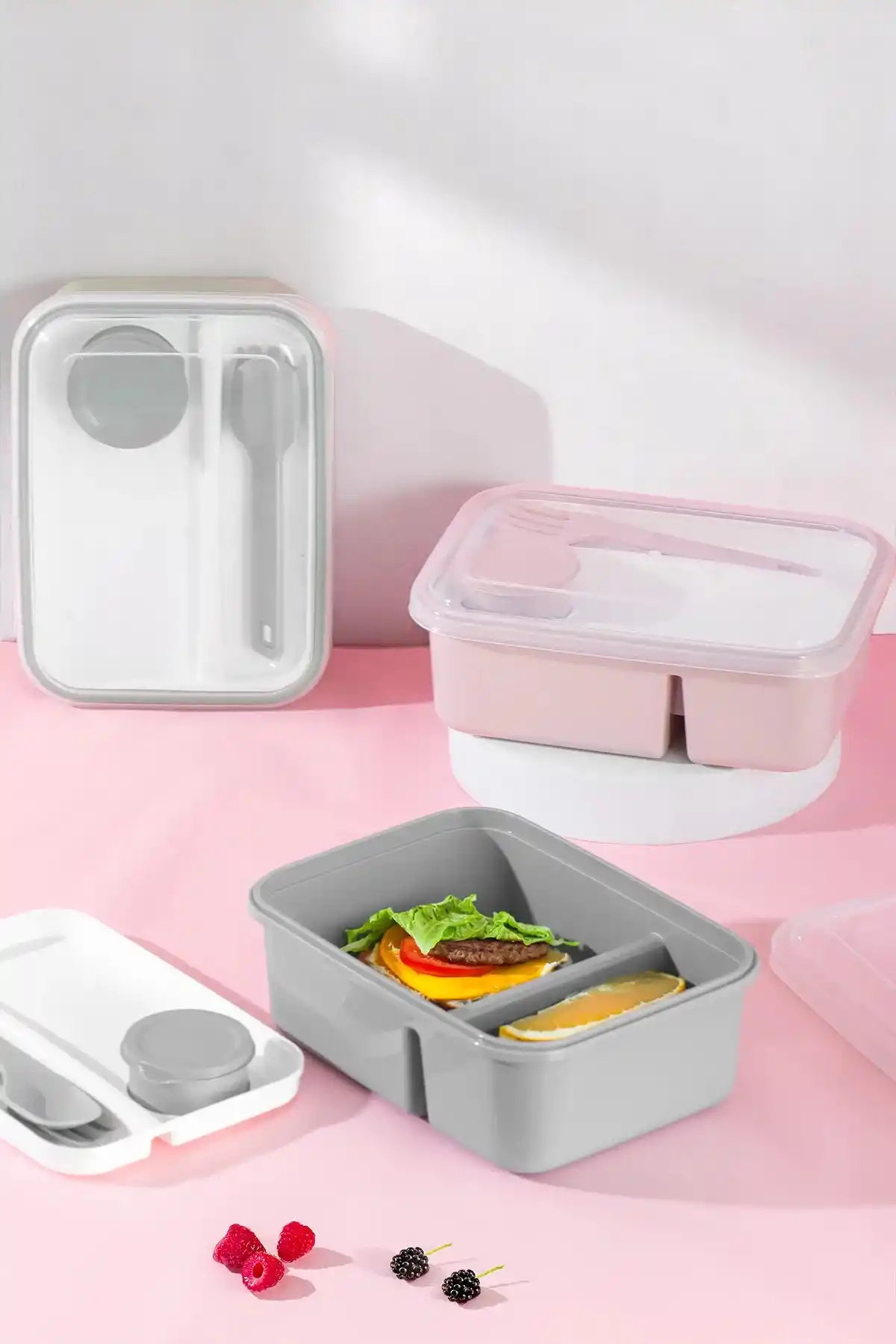 Kendinden Kaşık Çatallı Sosluklu Bölmeli Beslenme Kabı - Taşınabilir Lunch Box Color