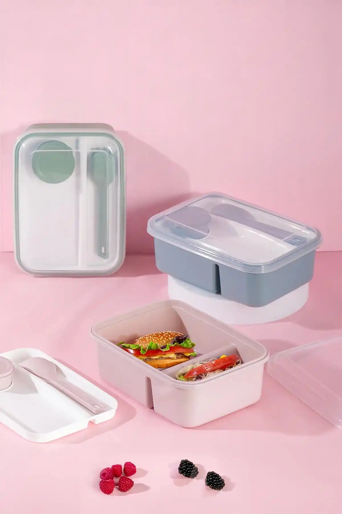 Kendinden Kaşık Çatallı Sosluklu Bölmeli Beslenme Kabı - Taşınabilir Lunch Box Color