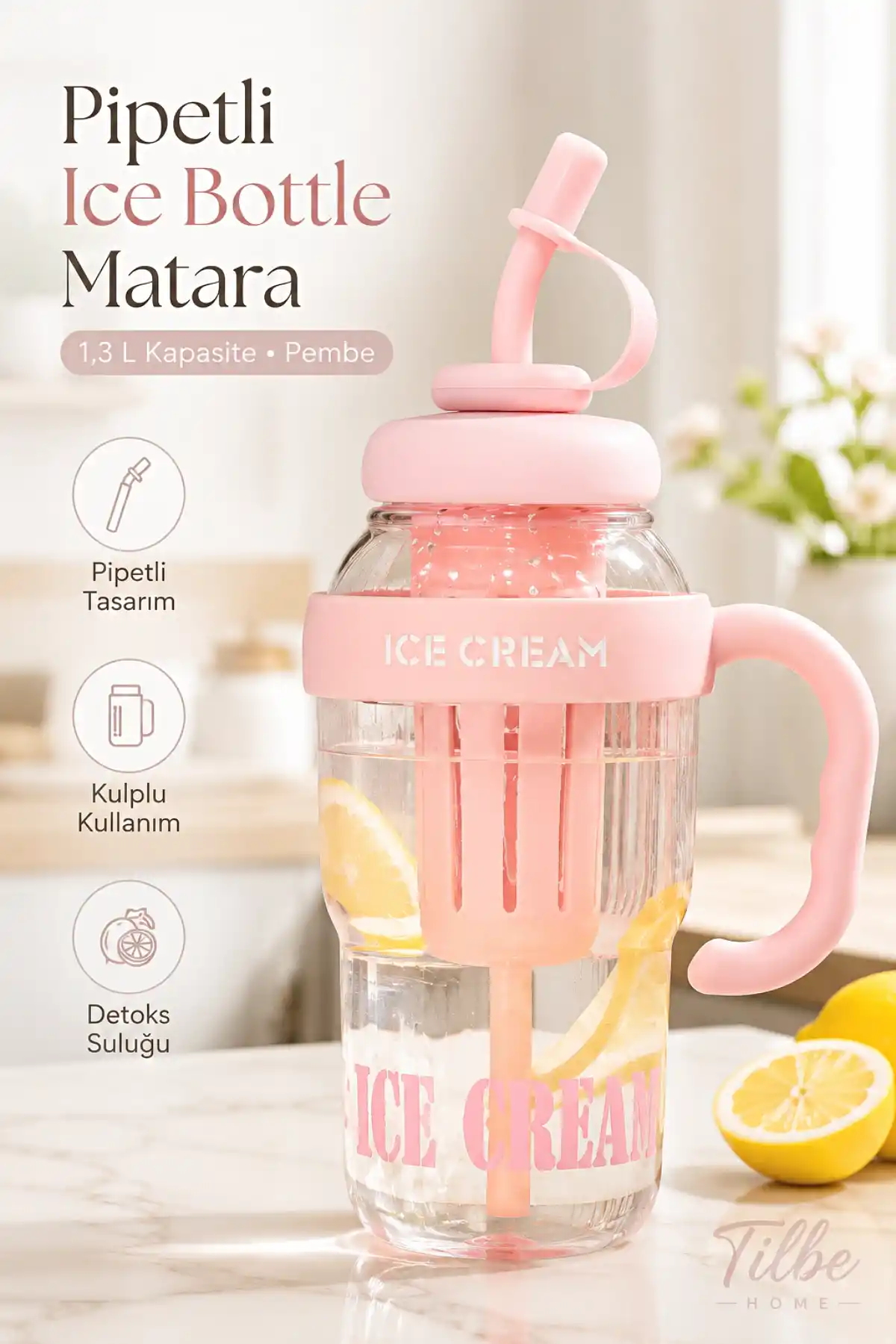 Ice Bottle Pipetli Matara 1.3 L Suluk Detoks Suluğu Lüks Tasarım Taşınabilir Kapaklı Pipetli Su Şişesi
