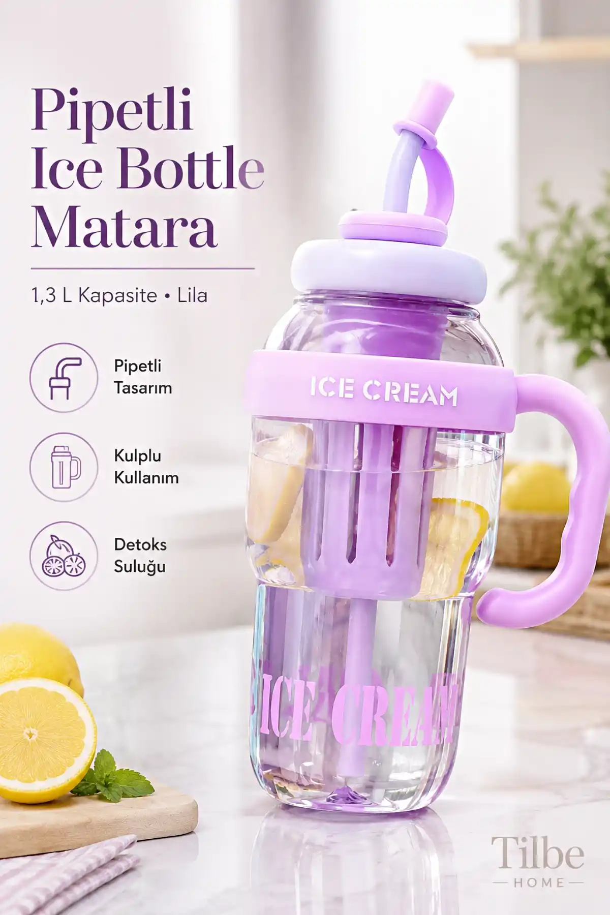 Ice Bottle Pipetli Matara 1.3 L Suluk Detoks Suluğu Lüks Tasarım Kapaklı Taşınabilir Pipetli Su Şişesi