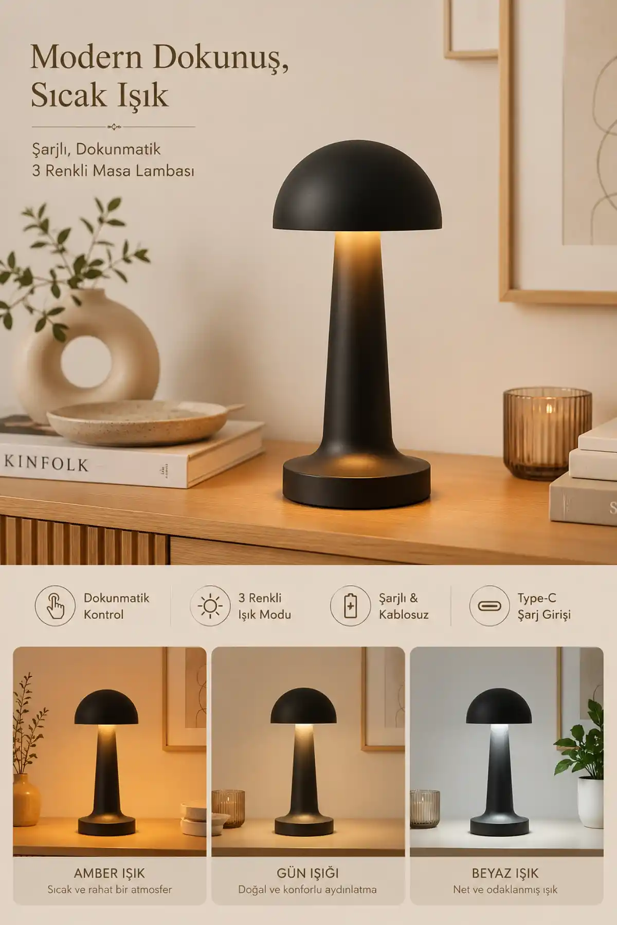 Mantar Model Retro Masa Lambası Siyah Dimmerli Şarjlı Dekoratif Masaüstü Dekoratif Mantar Lamba