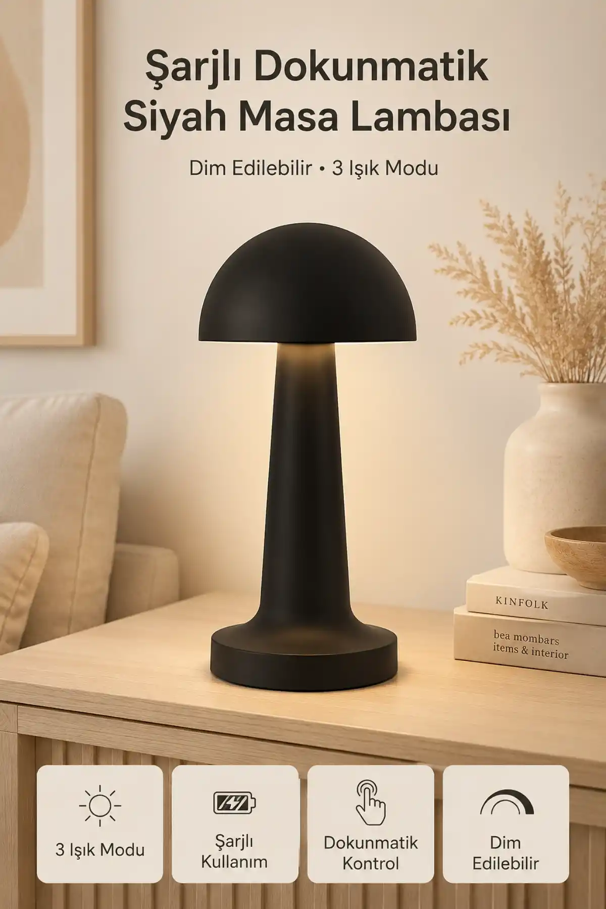 Mantar Model Retro Masa Lambası Siyah Dimmerli Şarjlı Dekoratif Masaüstü Dekoratif Mantar Lamba