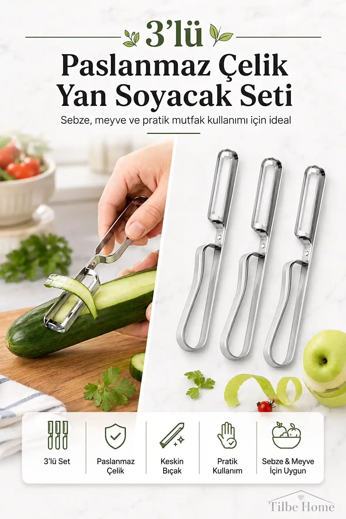 3lü Paslanmaz Çelik Metal Yan Soyacak Patates Sebze Salatalık Havuç Soyacağı Mutfak Soyma Aparatı