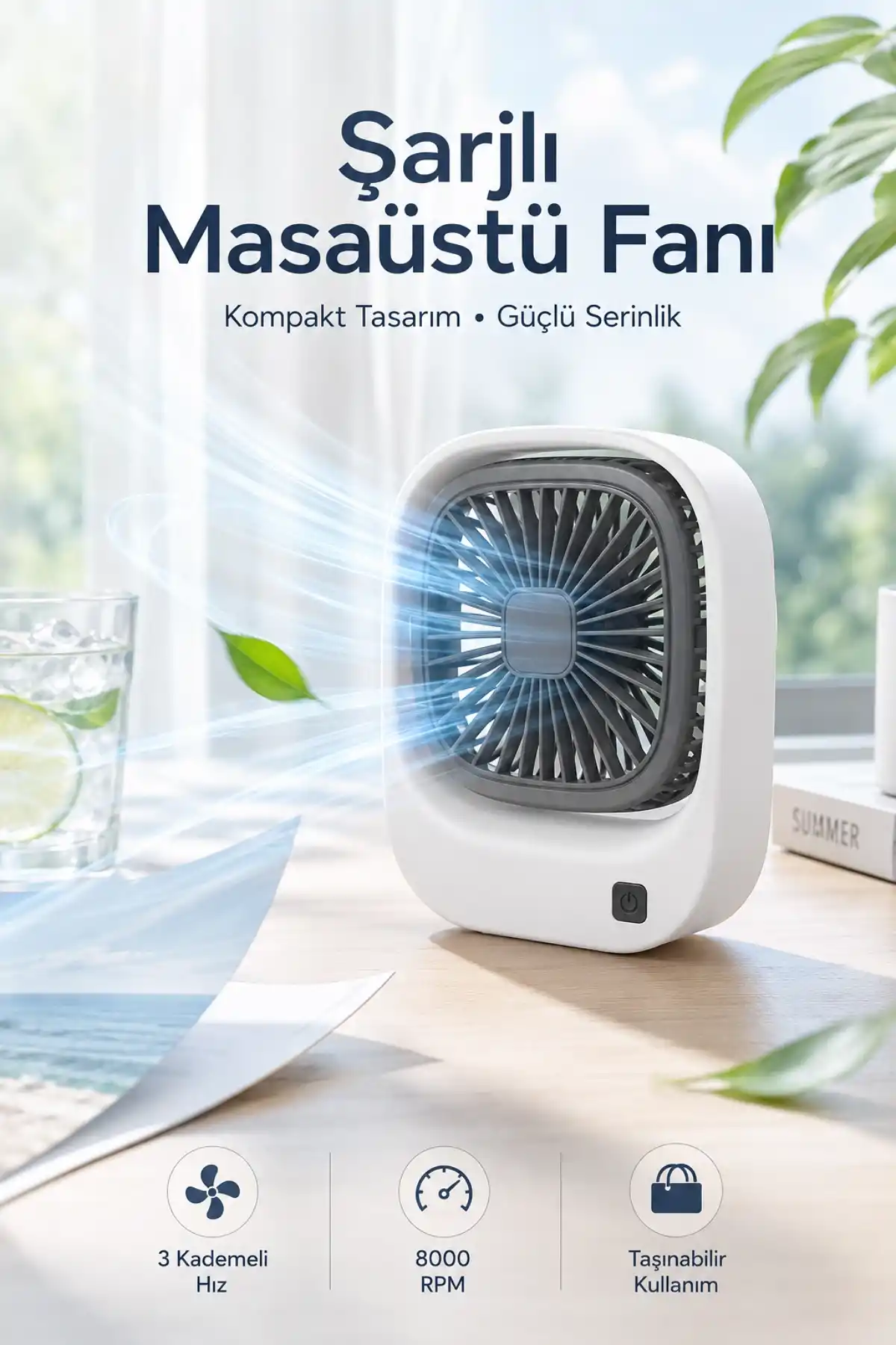 Mini Masaüstü Fan Şarjlı Taşınabilir Vantilatör 3 Kademeli Hız Ayarlı Ofis Ev Oda Tipi Serinletici