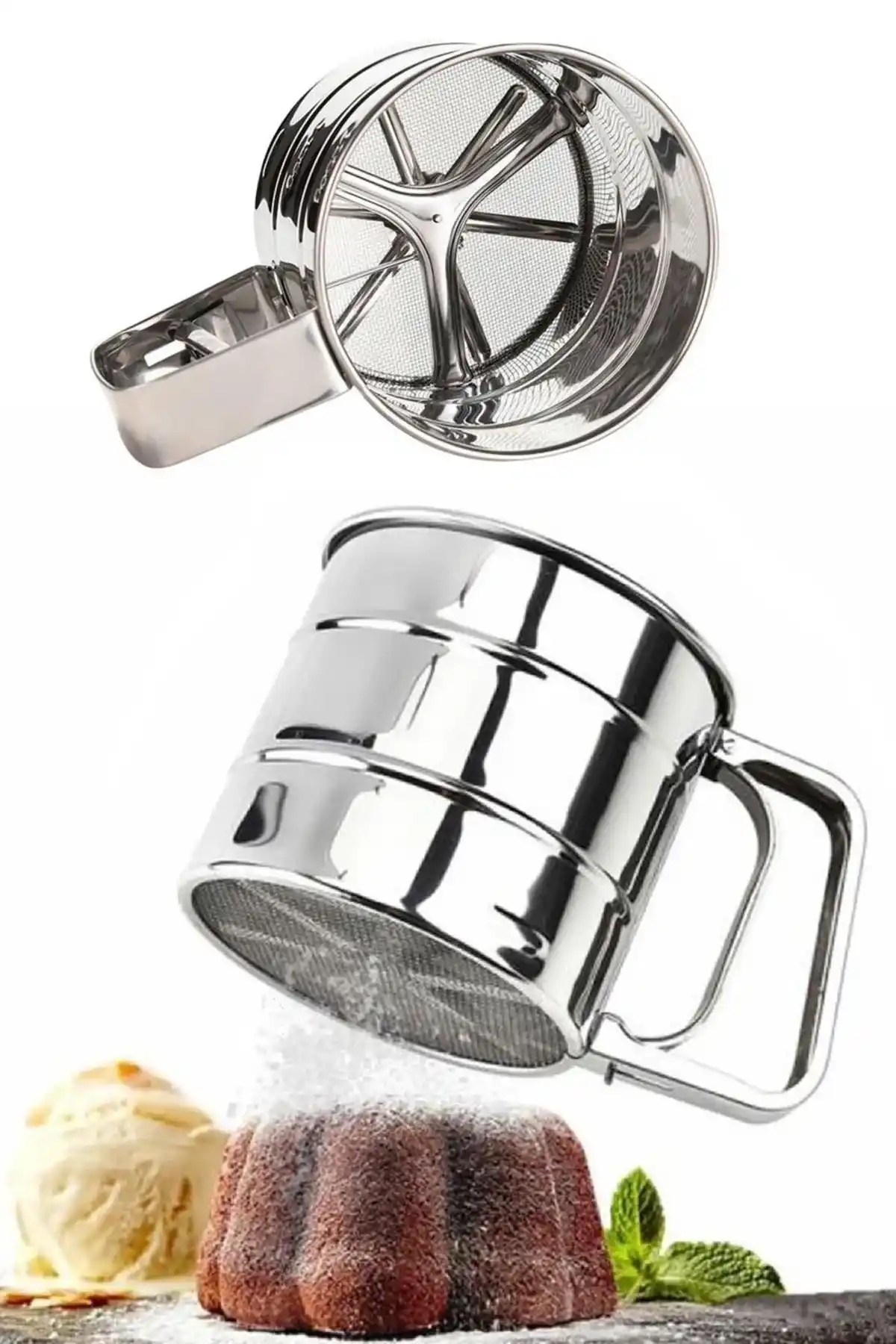 Paslanmaz Çelik Un Eleği Pratik Basmalı Kakao Pudra Eleği Çok Amaçlı Elek 250 Gr.