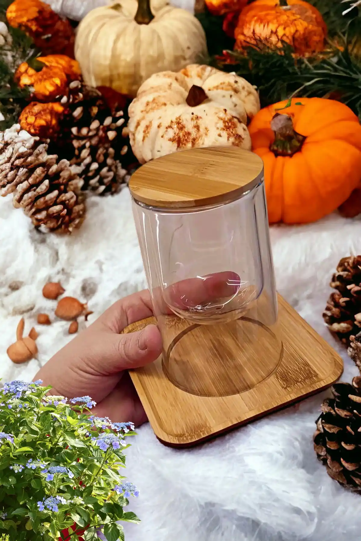 2li Bambu Sunum Tabaklı Çift Cidarlı Cam Bardak Bambu Kapaklı Still Kahve Sunum Bardak 200 ml.