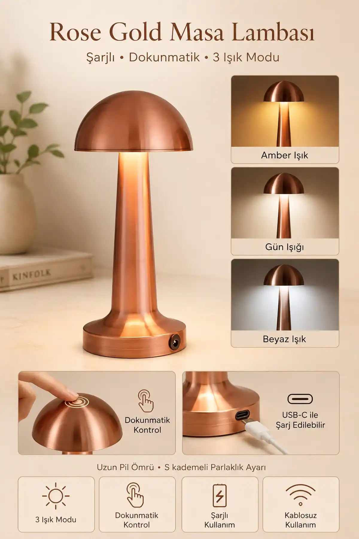 Rose Gold Şarjlı Dokunmatik Masa Lambası 3 Işık Modlu Dim Edilebilir Dekoratif LED Mantar Lamba