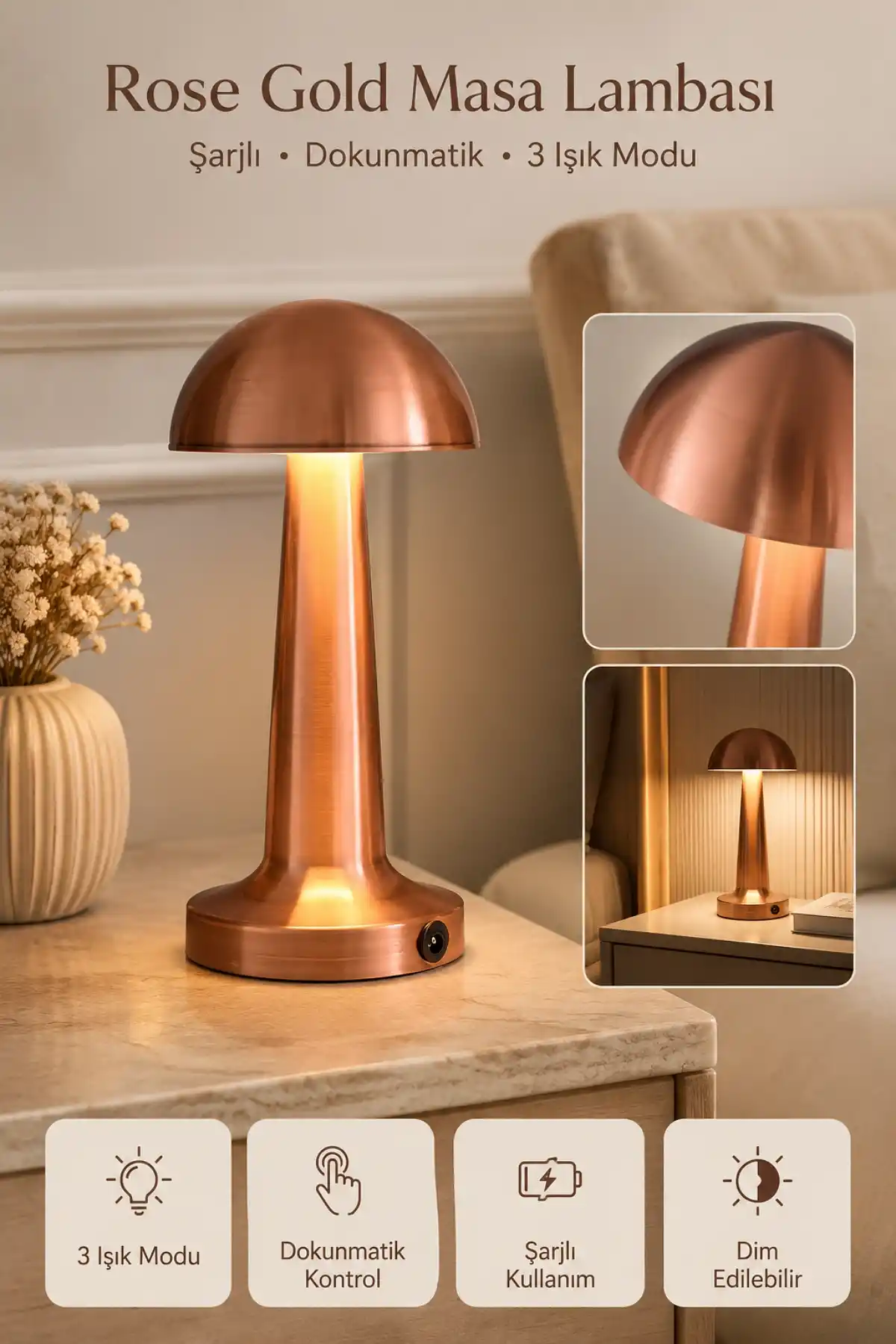 Rose Gold Şarjlı Dokunmatik Masa Lambası 3 Işık Modlu Dim Edilebilir Dekoratif LED Mantar Lamba