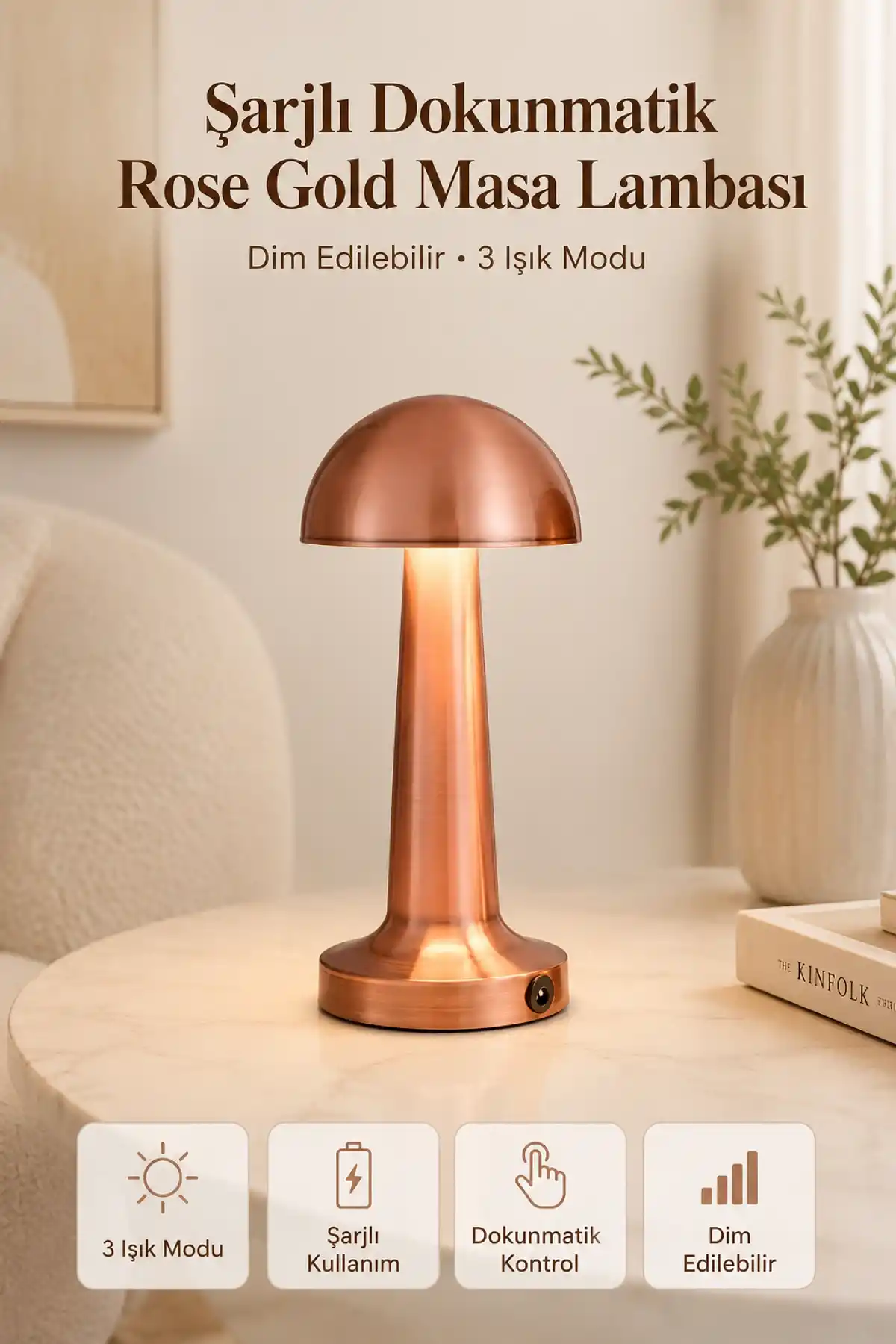 Rose Gold Şarjlı Dokunmatik Masa Lambası 3 Işık Modlu Dim Edilebilir Dekoratif LED Mantar Lamba