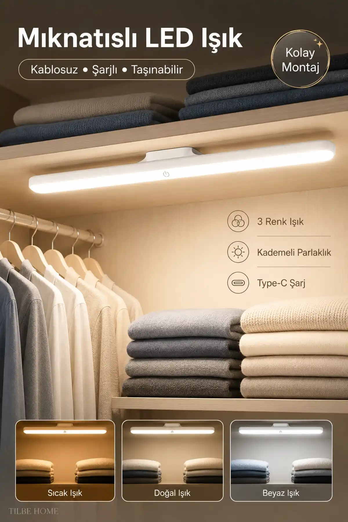 Şarjlı Mıknatıslı LED Aplik 3 Renk Kablosuz Dolap Tezgah Mutfak Banyo Lambası Dokunmatik Işık
