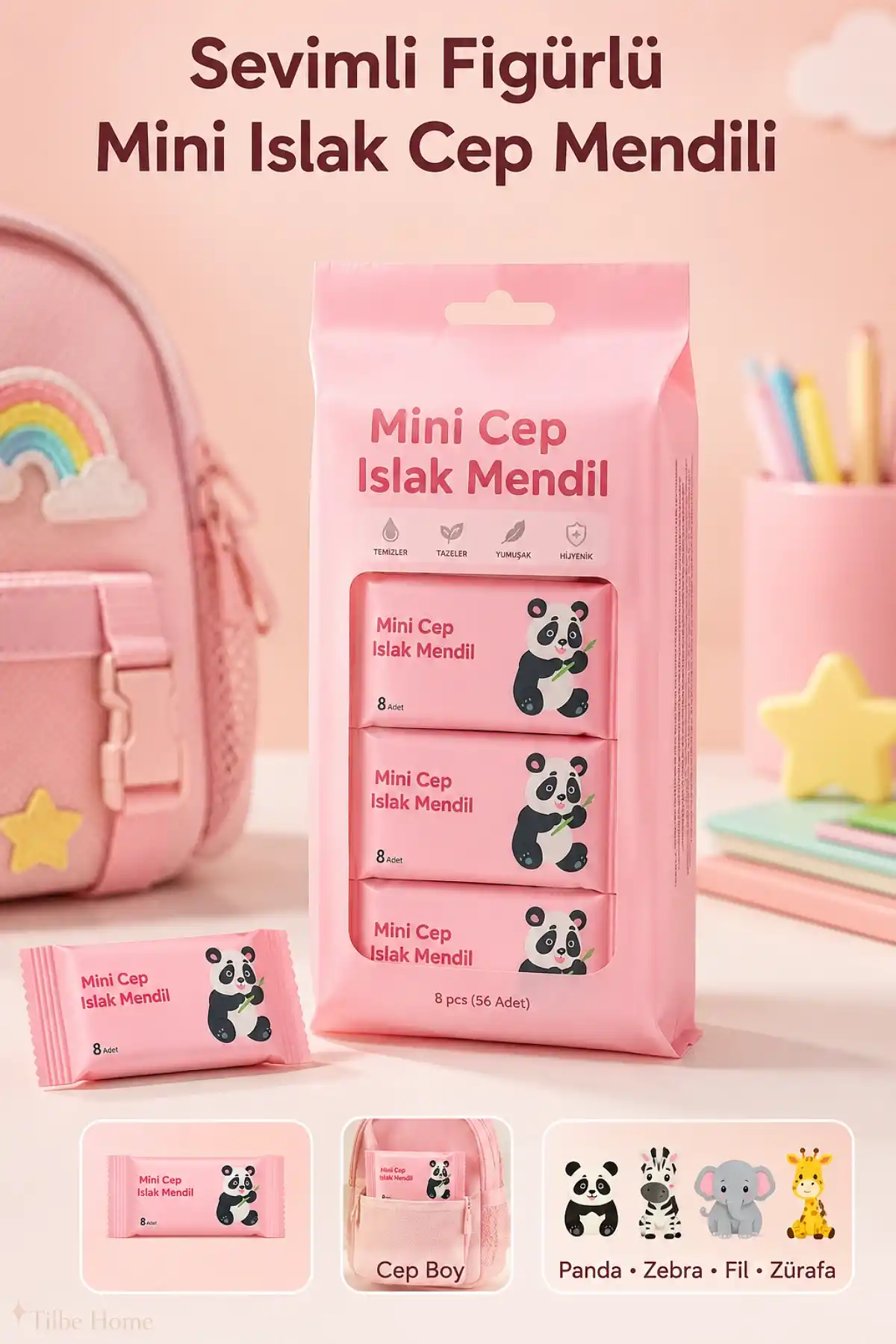 Sevimli Figürlü Mini Islak Cep Mendili 8 Mini Paket Panda Zebra Fil Zürafa Renkli Taşınabilir Mendil
