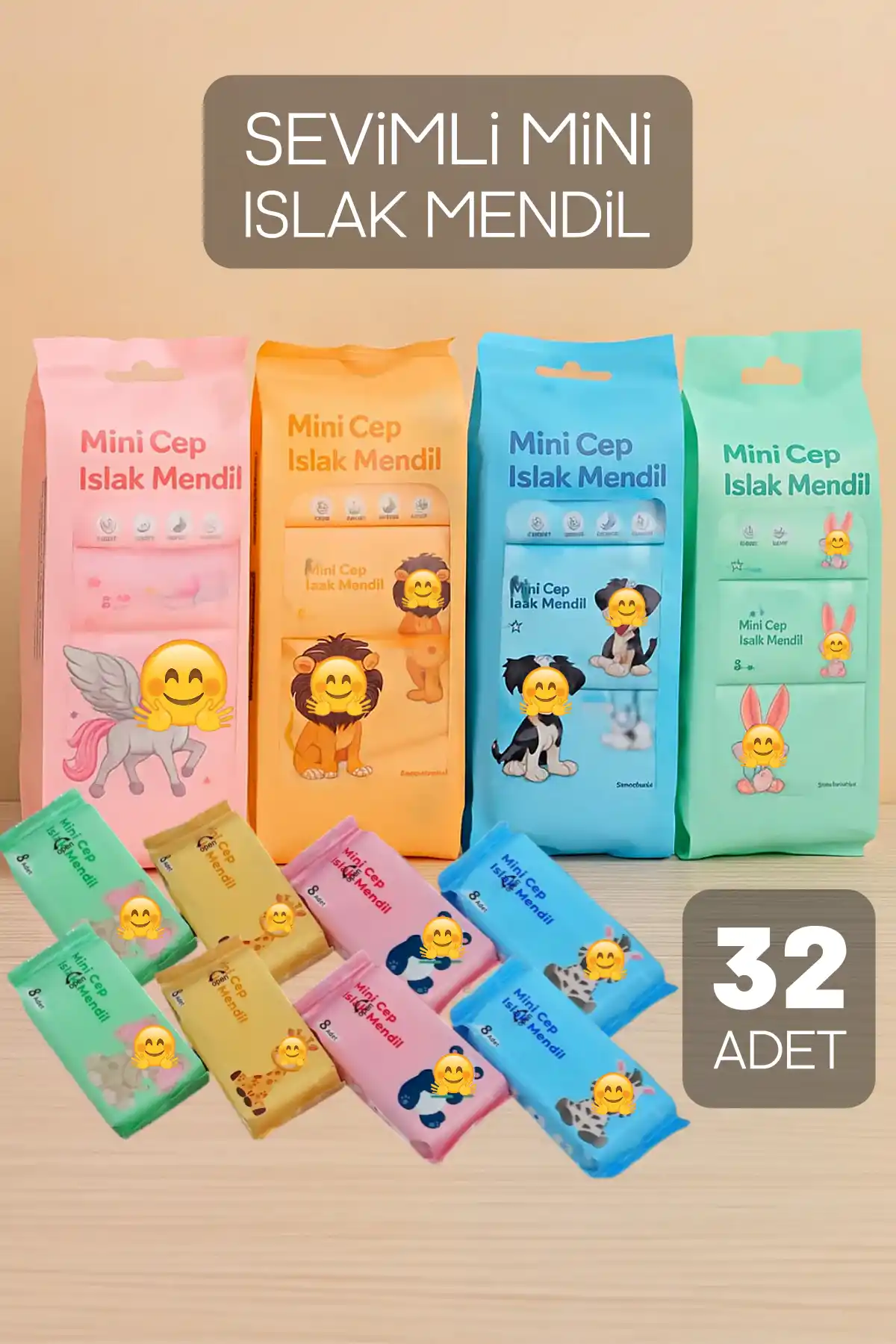 32 Adet Sevimli Figürlü Mini Islak Cep Mendili Panda Zebra Fil Zürafa Renkli Tasarım Cep Mendili