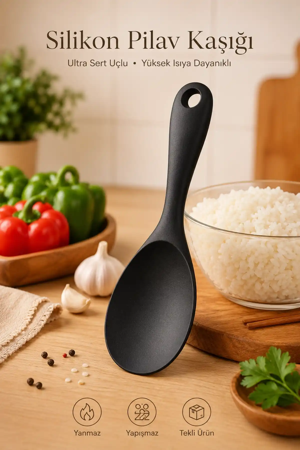Silikon Pilav Kaşığı Ultra Sert Uçlu Yanmaz Yapışmaz Isıya Dayanıklı Siyah Servis Yemek Kaşığı