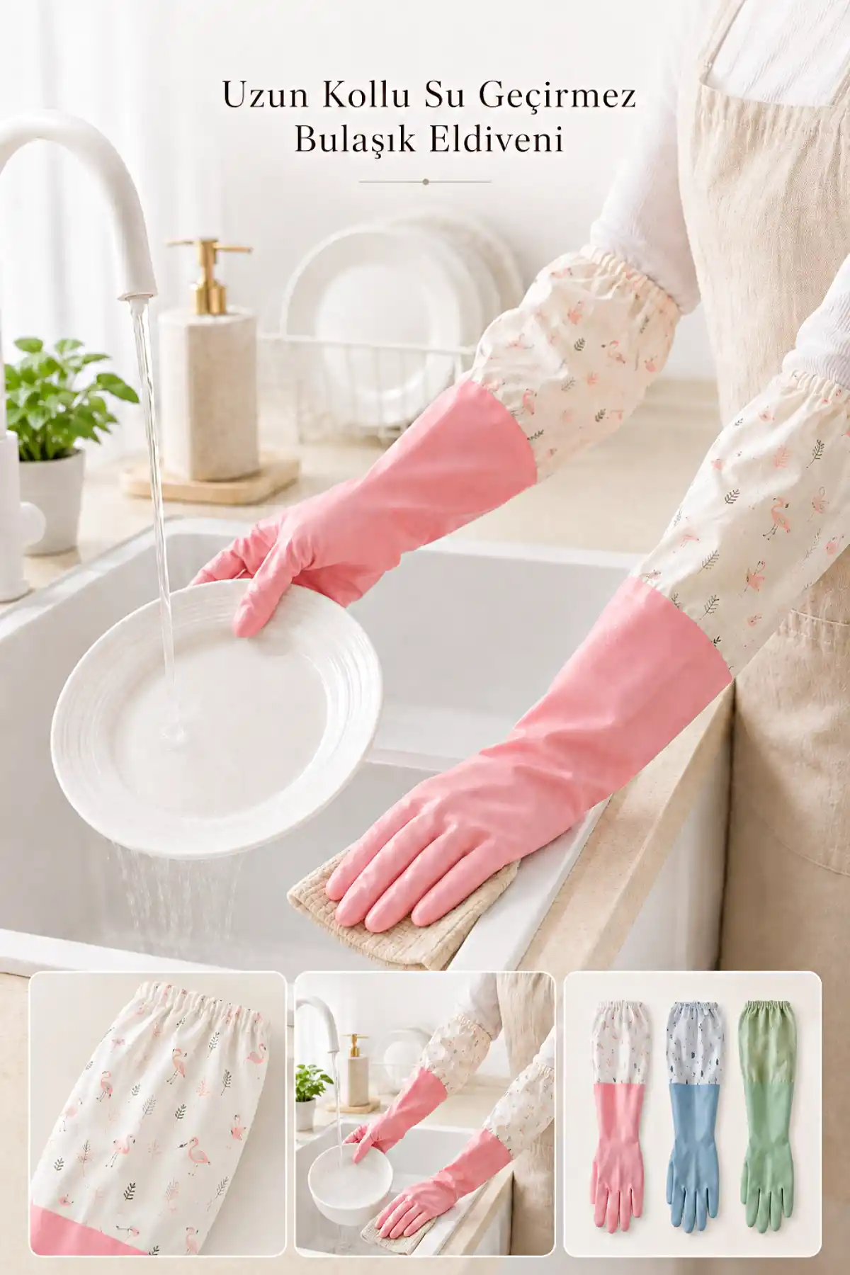 Uzun Kollu Lateks Bulaşık Eldiveni Su Geçirmez Mutfak Banyo Ev Temizlik Eldiveni Lastikli Silikon