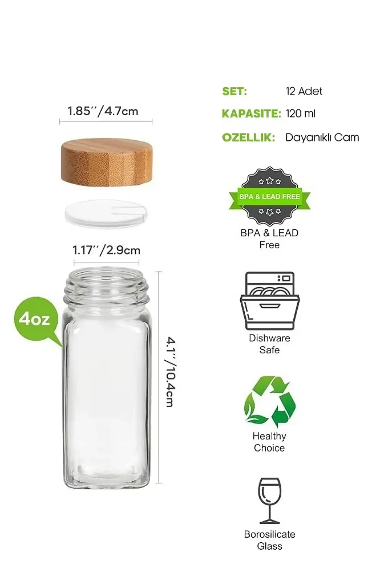 4lü Standlı Bambu Kapaklı Etiketli Cam Kare Formlu Baharatlık Takımı Serpme Başlıklı Baharatlık