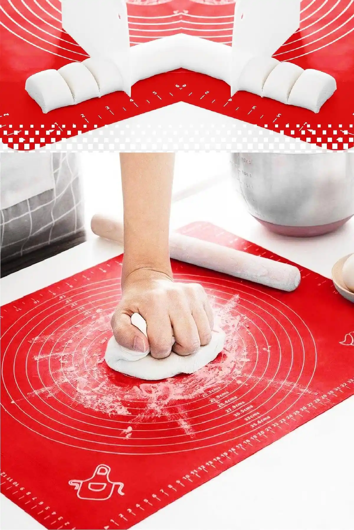 Silikon Hamur Matı Ölçülü Hamur Açma Yoğurma Matı Orta Boy Kırmızı 50 x 40 cm