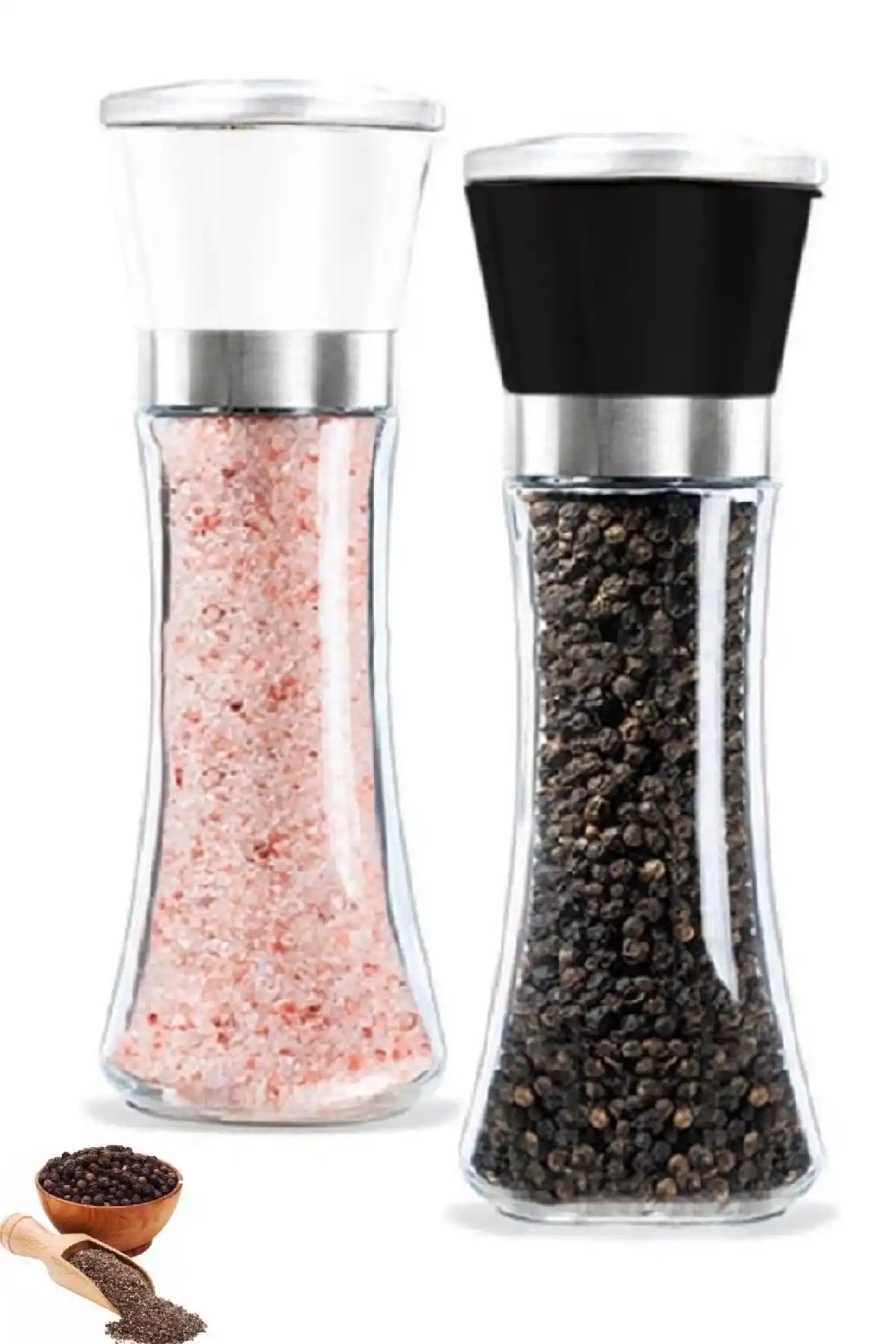 2li Karabiber Tuz Değirmeni 5 Kademeli Baharat Öğütücü Büyük Boy Çevirmeli Tuzluk Seti