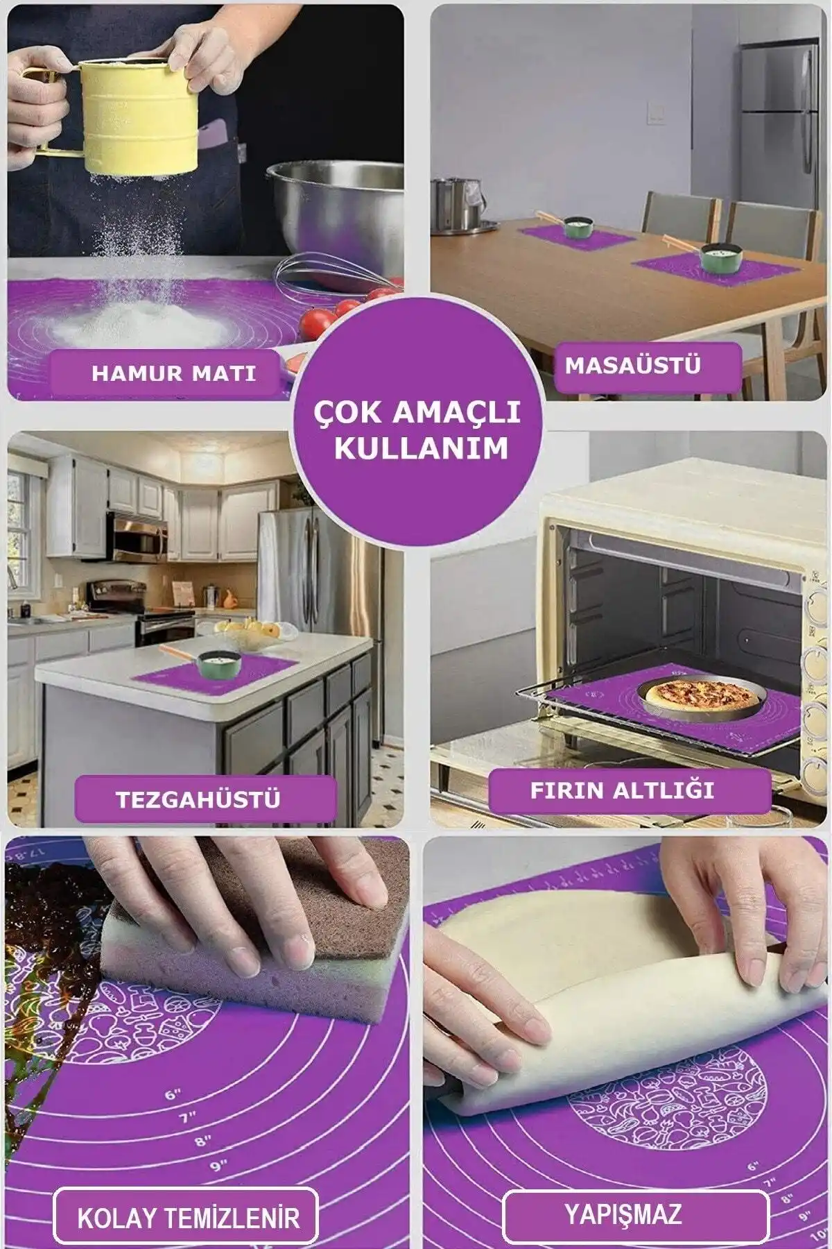 Silikon Hamur Matı Hamur Açma Pasta Fırın Altlığı Matı Ölçülü Hamur Yoğurma Mor Büyük Boy 65X45