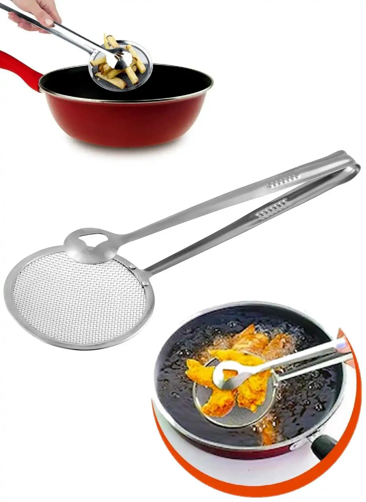 Çelik Süzgeçli Patates Kızartma Yağ Maşası Çok Amaçlı Pratik Maşa Seti