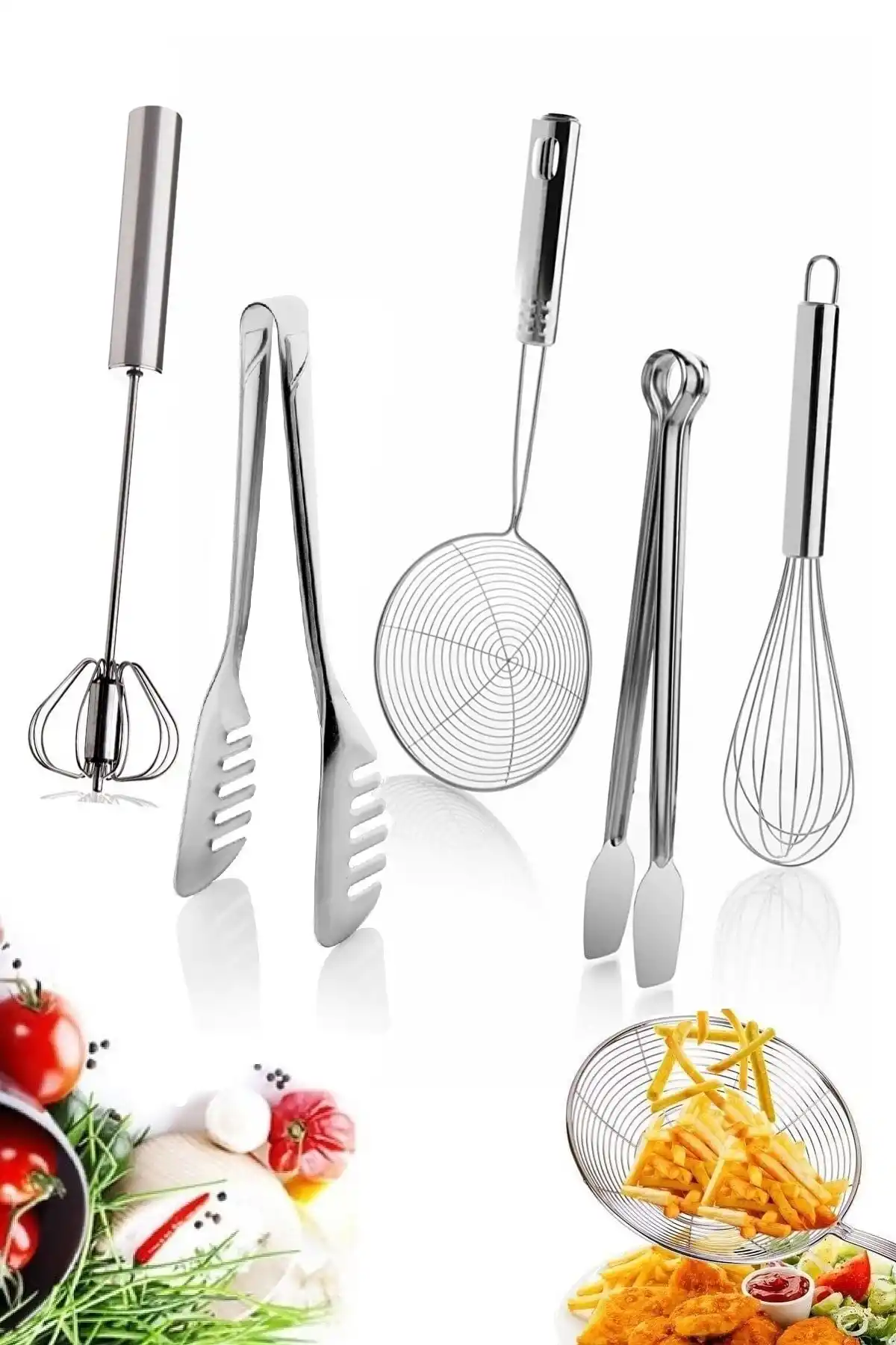 Izgara Maşası Çelik Yumurta Çırpıcısı Kepçe Kevgir Makarna Salata Maşası Karıştırıcı Tel Çırpıcısı