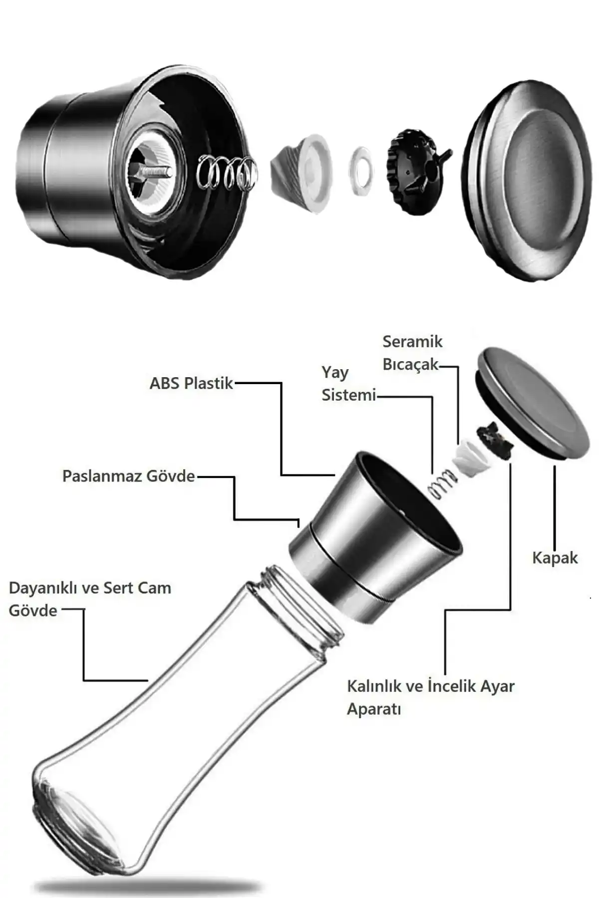 2li Büyük Boy Karabiber Tuz Değirmeni 5 Kademeli Baharat Öğütücü Çevirmeli Tuzluk Set
