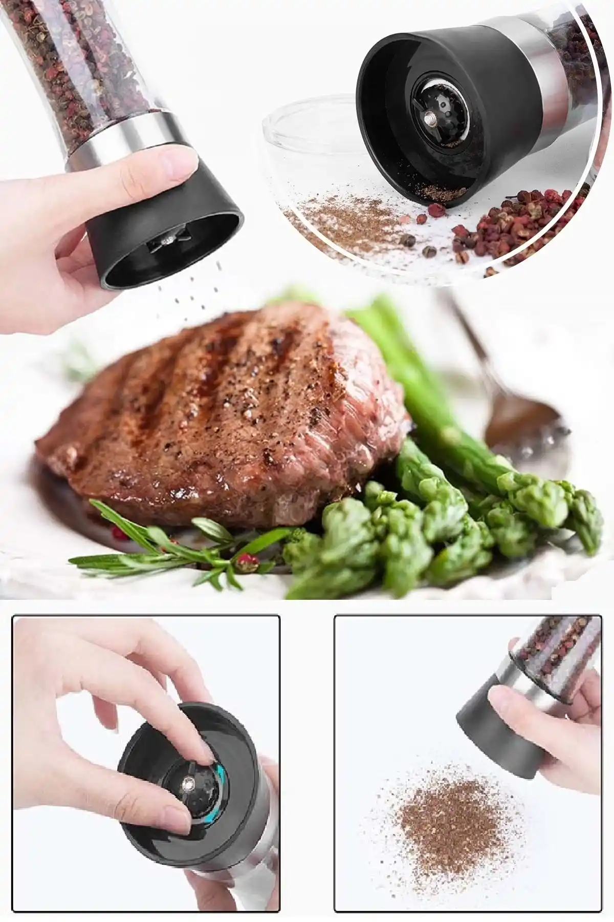 2li Büyük Boy Karabiber Tuz Değirmeni 5 Kademeli Baharat Öğütücü Çevirmeli Tuzluk Set