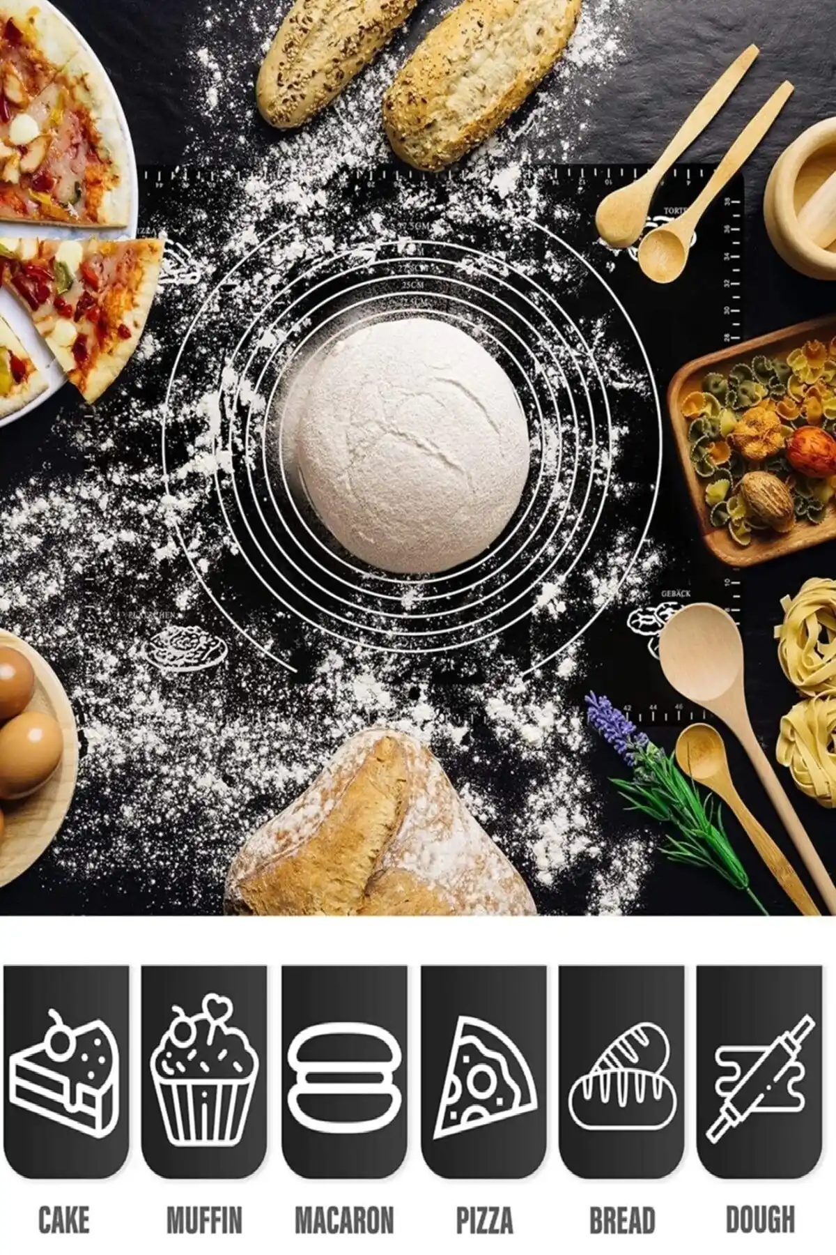 Silikon Hamur Matı Hamur Açma Pasta Fırın Altlığı Matı Ölçülü Hamur Yoğurma Siyah Büyük Boy 65X45