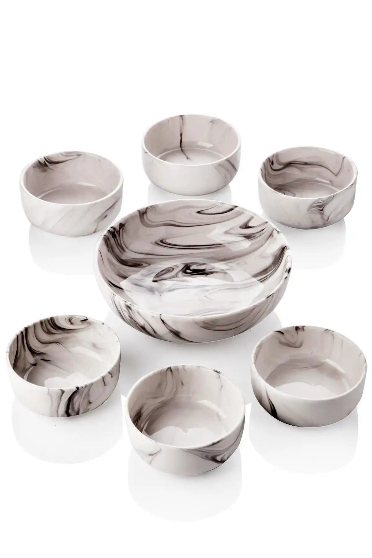 7 Parça Seramik Mermer Desenli Çerezlik Kase Seti