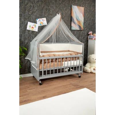 Ahşap Mdf Anne Yanı Beşik, 60x120 4 Kademeli Lake Cilalı Sallanır Tekerlekli Bebek Beşiği