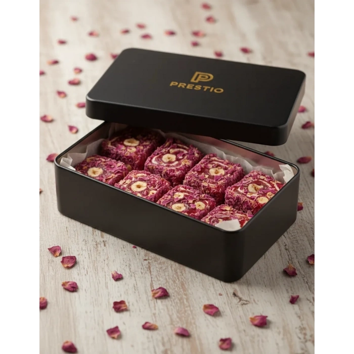 Gül Yapraklı Fındıklı Lokum 700g, Premium Metal Kutuda Türk Lokumu