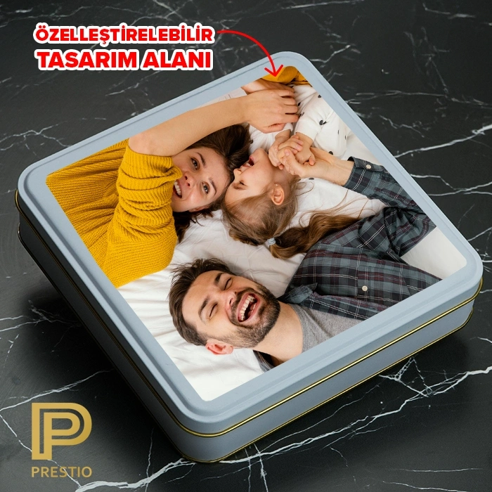 Kişiye Özel Dekoratif Metal Kutu, Beyaz Renk, 192 x 192 x 45H mm