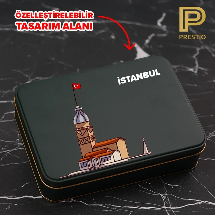 Kişiye Özel Dekoratif Metal Kutu, Yeşil Renk, 190 x 135 x 45H mm