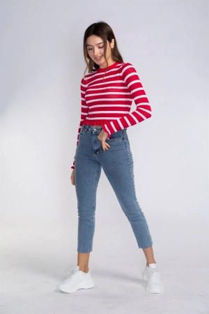 Fırfır Detaylı Çizgili Triko Bluz-KIRMIZI