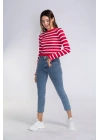 Fırfır Detaylı Çizgili Triko Bluz-KIRMIZI