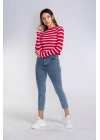 Fırfır Detaylı Çizgili Triko Bluz-KIRMIZI