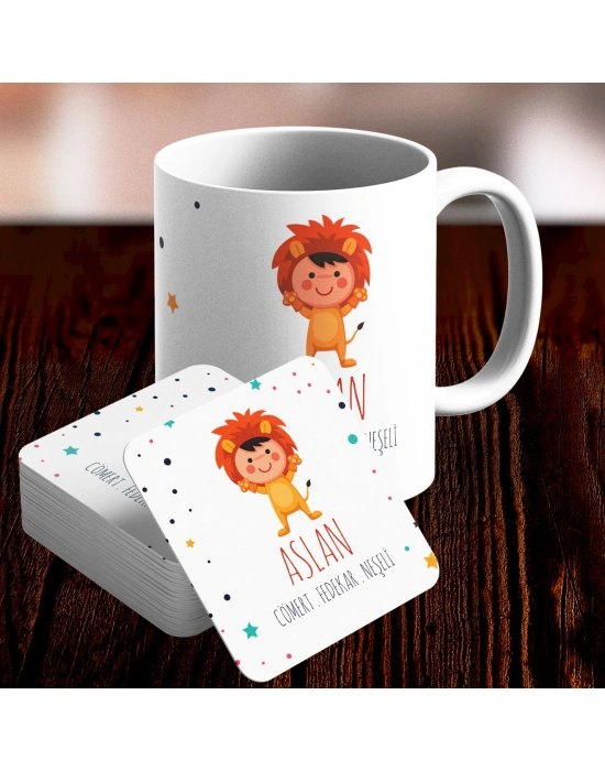 Aslan Burcu Özel Sevimli Kupa ve Altlık Seti